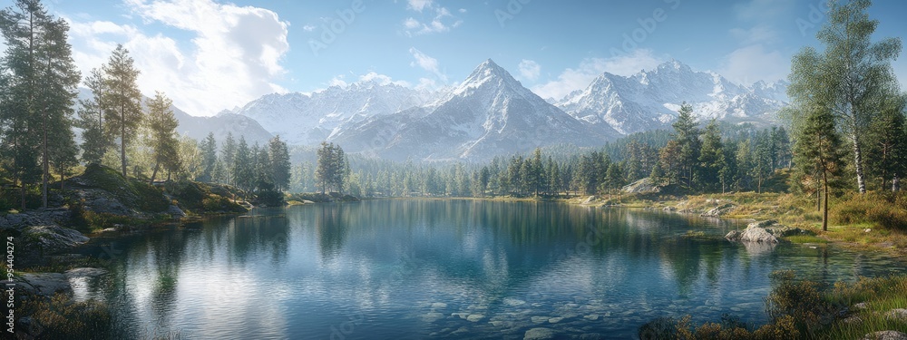 Naklejka premium Alpine lake, with crystal clear water reflecting surrounding pine trees and mountains, under bright sunlight