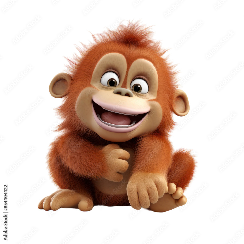 A cute cartoon orangutan with a big smile, sitting on the floor with its hands clasped in front of its chest. A cute cartoon orangutan with a big smile, sitting on the floor with its hands clasped in front of its chest.