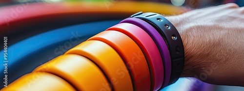 Amusement park wristband, colorful and plastic, on a personâ€™s wrist, under natural light photo