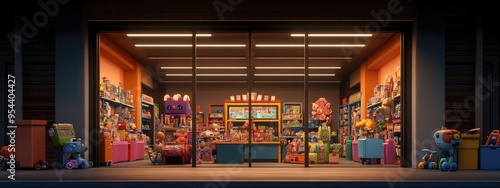 Arcade prize counter, filled with colorful toys and trinkets, under bright display lights