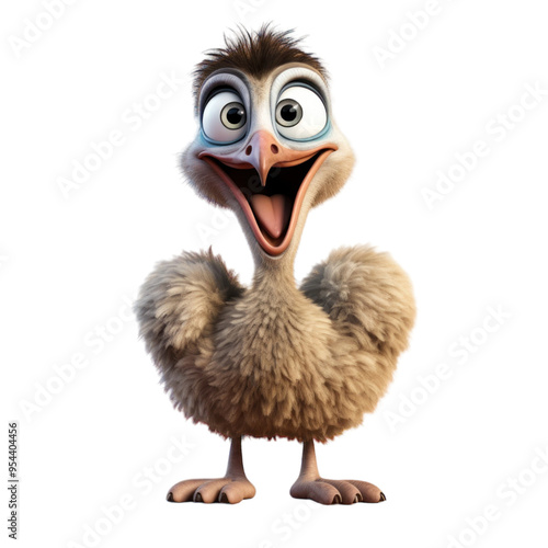 A cute cartoon ostrich with large blue eyes and a wide open mouth smiles joyfully. photo