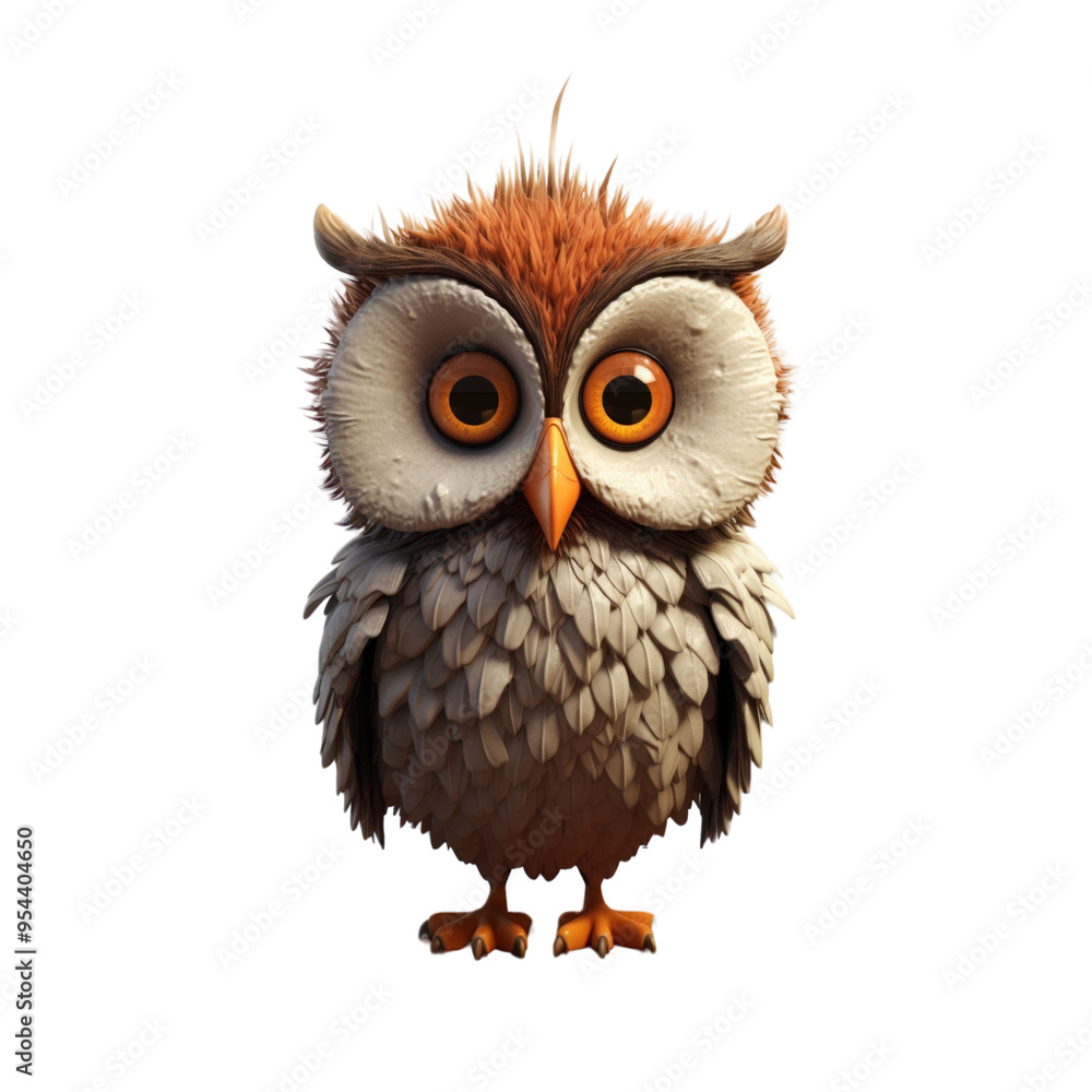 Naklejka premium A cute cartoon owl with big eyes and brown and white feathers stands against a black background.