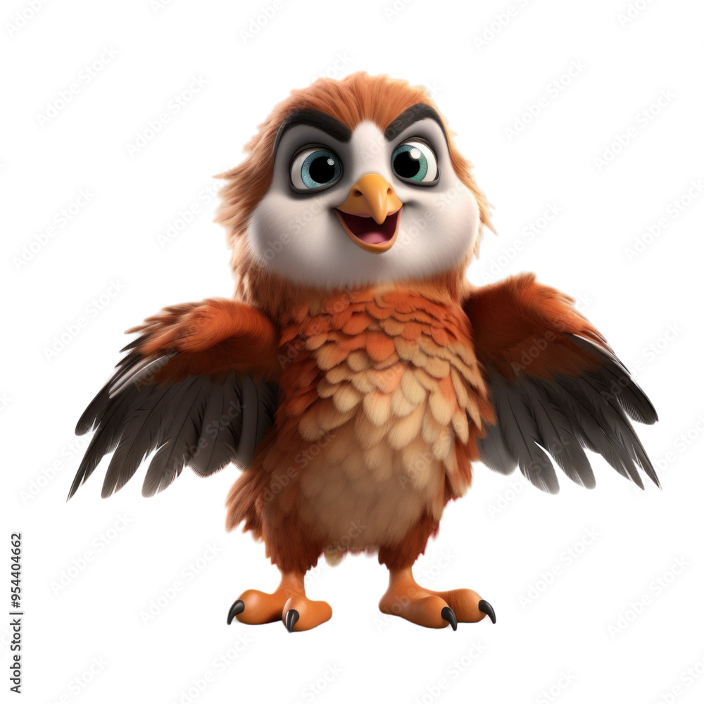 A cute cartoon owl with brown and white feathers, big eyes, and a wide smile, standing with its wings spread out. A cute cartoon owl with brown and white feathers, big eyes, and a wide smile, standing with its wings spread out.