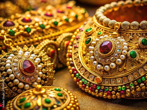 Ornate Gold Jewelry With Intricate Designs And Gemstones, Reflecting The Rich Artistry Of Indian Craftsmanship photo