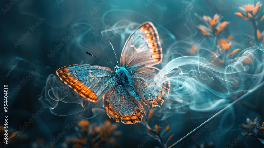 A stunning butterfly gracefully flutters through a mystical garden, surrounded by ethereal smoke and vibrant flowers. A stunning butterfly gracefully flutters through a mystical garden, surrounded by ethereal smoke and vibrant flowers.