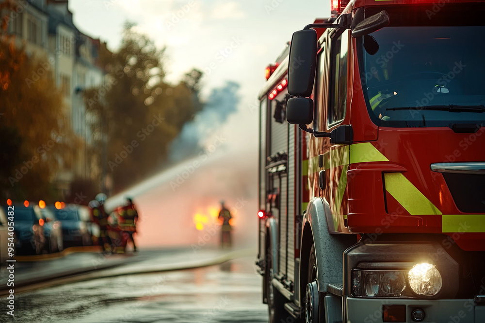 Fototapeta premium Fire truck with firefighters in action