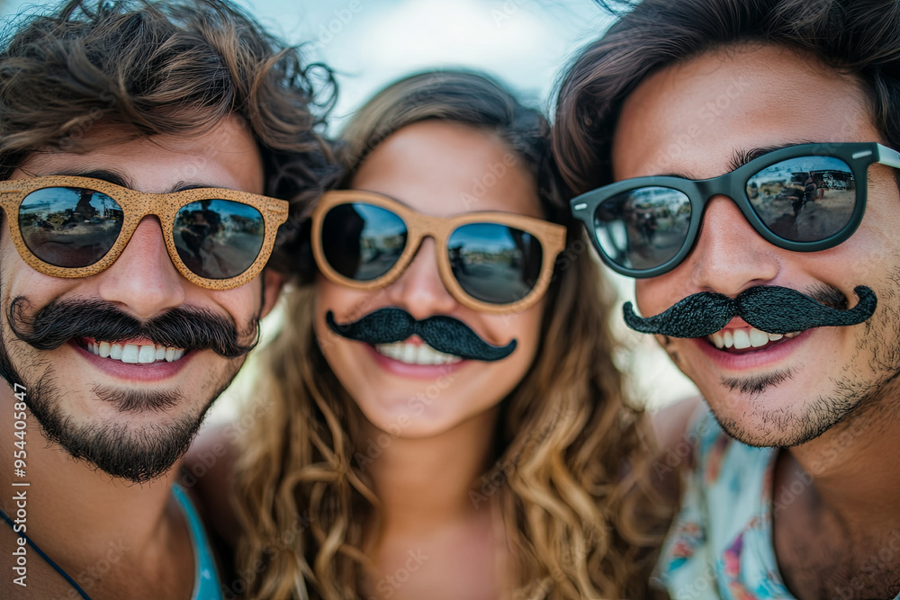 Friends wearing fake mustaches Friends wearing fake mustaches