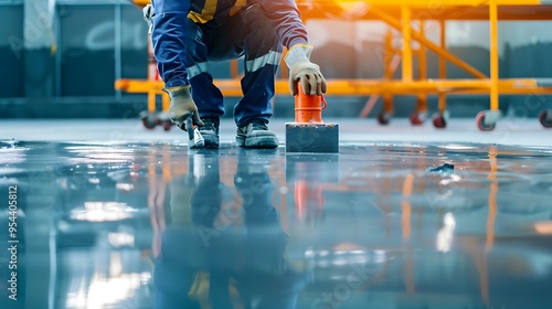 Worker installing a floor in a building at a construction site