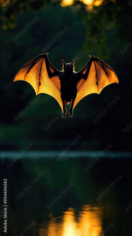 Fototapeta premium Bat flying over a pond, catching insects, under twilight skies