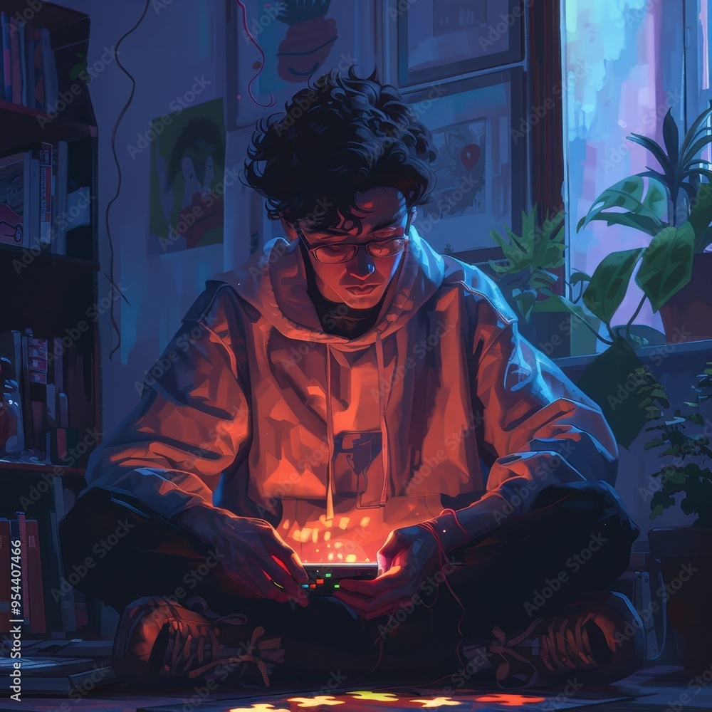 A young person sits cross-legged, immersed in a glowing game console, surrounded by books and indoor plants, evoking a cozy ambiance. A young person sits cross-legged, immersed in a glowing game console, surrounded by books and indoor plants, evoking a cozy ambiance.