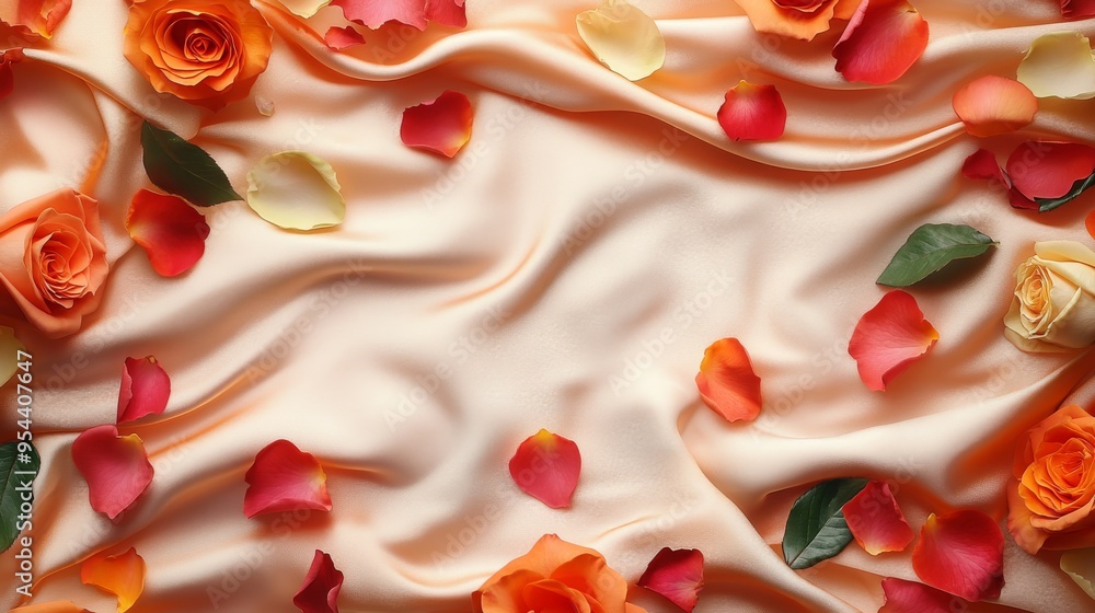 Naklejka premium Roses and Petals Scattered on Peach Satin Fabric