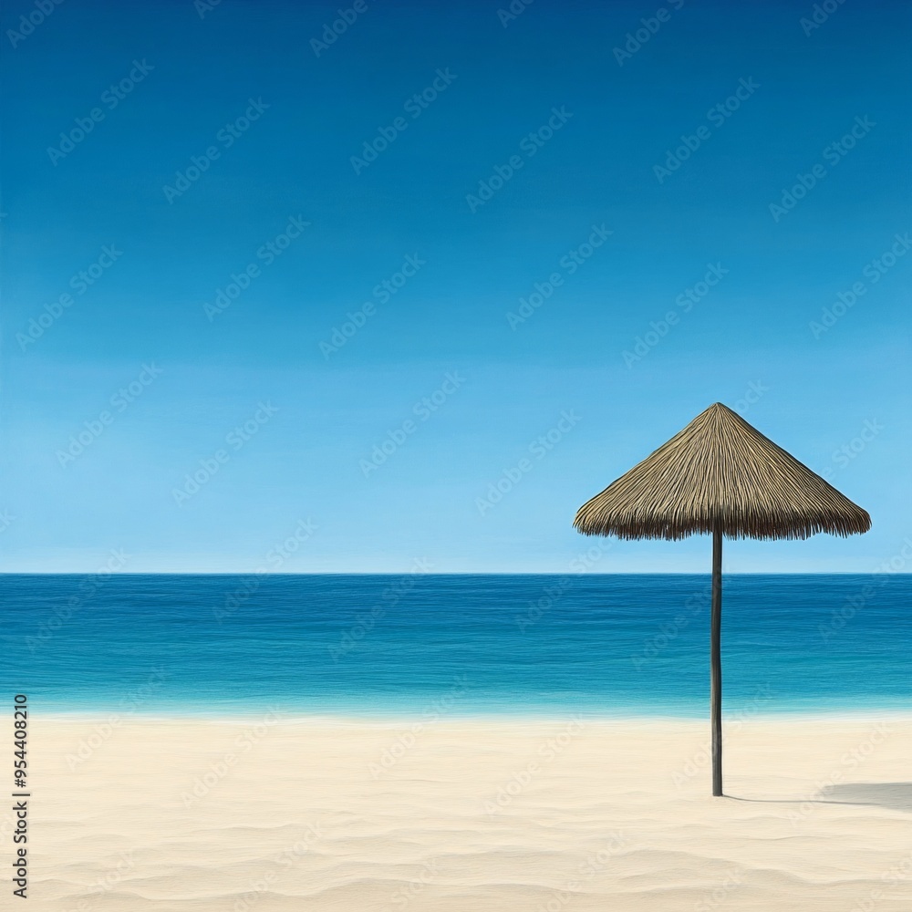 A serene beach scene featuring a straw umbrella beside calm, turquoise waters and golden sand under a clear blue sky. A serene beach scene featuring a straw umbrella beside calm, turquoise waters and golden sand under a clear blue sky.