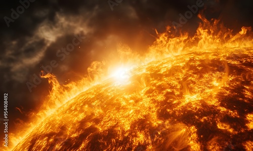 Close-up View of the Sun with Flames and Glowing Surface