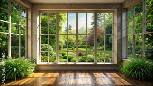 Room with a large window overlooking a lush garden, interior, home, window, room, view, natural light, sunny