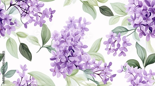 Continuous pattern of watercolor lilac flowers and leaves in shades of purple and green, creating a timeless and luxurious background