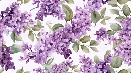 Watercolor pattern of lilac flowers and leaves in a seamless design, highlighting purple tones with a vintage luxury aesthetic