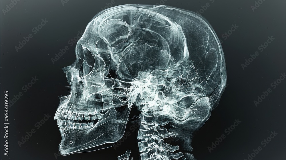 Detailed X-ray image of a human skull showcasing intricate bone structures and features in high contrast. Detailed X-ray image of a human skull showcasing intricate bone structures and features in high contrast.