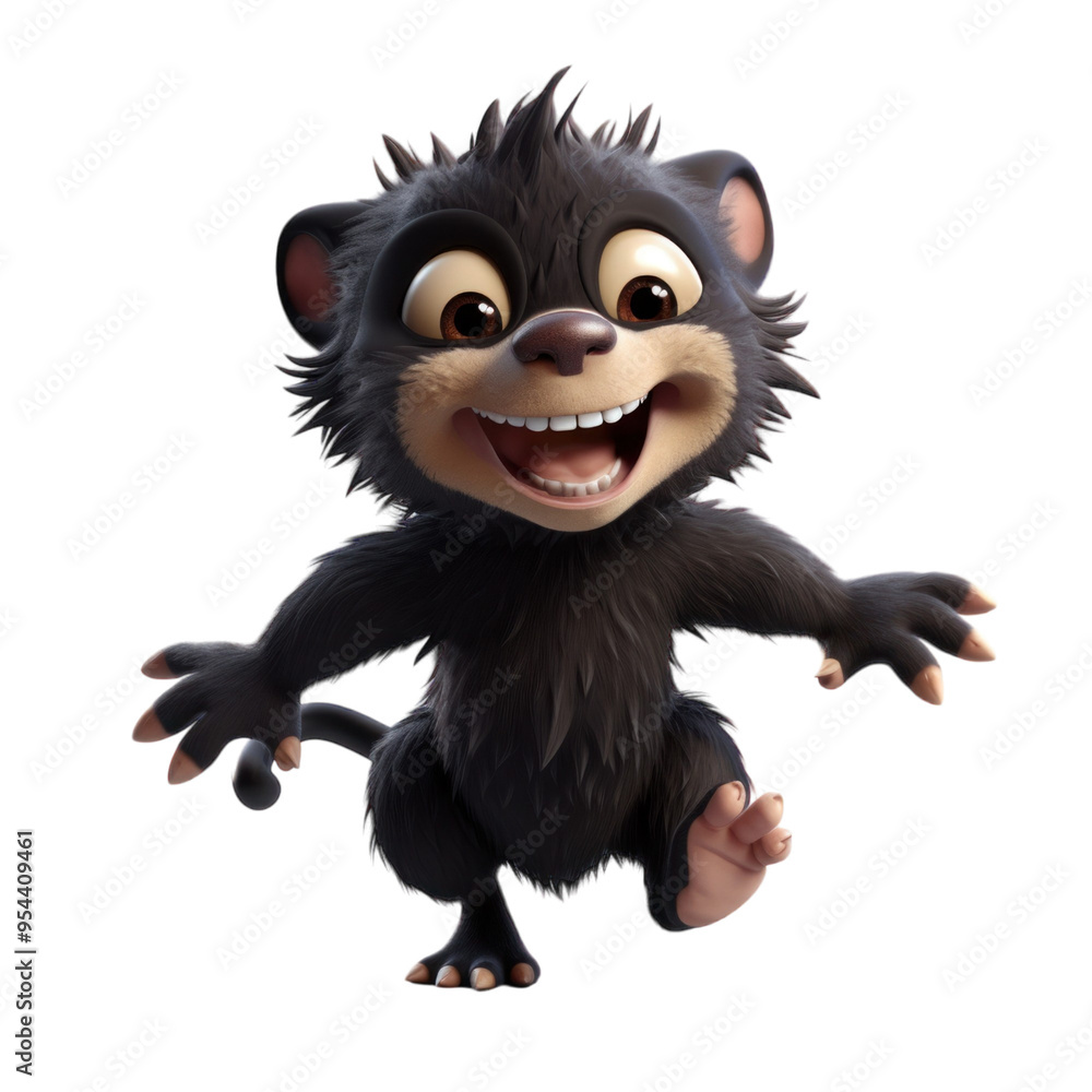 A cute, cartoon, black, furry, 3D creature with big eyes, a big smile, and brown nose is leaping forward with its paws outstretched. A cute, cartoon, black, furry, 3D creature with big eyes, a big smile, and brown nose is leaping forward with its paws outstretched.