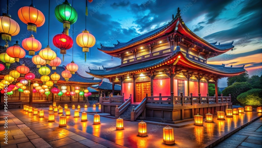 Buddhist temple glowing in the night with colorful lanterns and peaceful ambiance, Buddhism, night, temple Buddhist temple glowing in the night with colorful lanterns and peaceful ambiance, Buddhism, night, temple