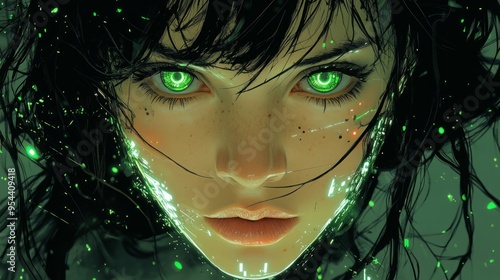 Cyberpunk Woman Connected to Her Spaceship: Matrix-Inspired Cyborg with Combat Gear, Neon Rainbow and White Accents, Featuring Black, Green, and Electric Blue Highlights