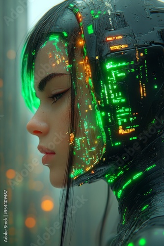 Cyberpunk Woman Connected to Her Spaceship: Matrix-Inspired Cyborg with Combat Gear, Neon Rainbow and White Accents, Featuring Black, Green, and Electric Blue Highlights