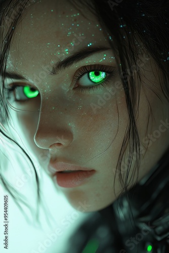 Cyberpunk Woman Connected to Her Spaceship: Matrix-Inspired Cyborg with Combat Gear, Neon Rainbow and White Accents, Featuring Black, Green, and Electric Blue Highlights