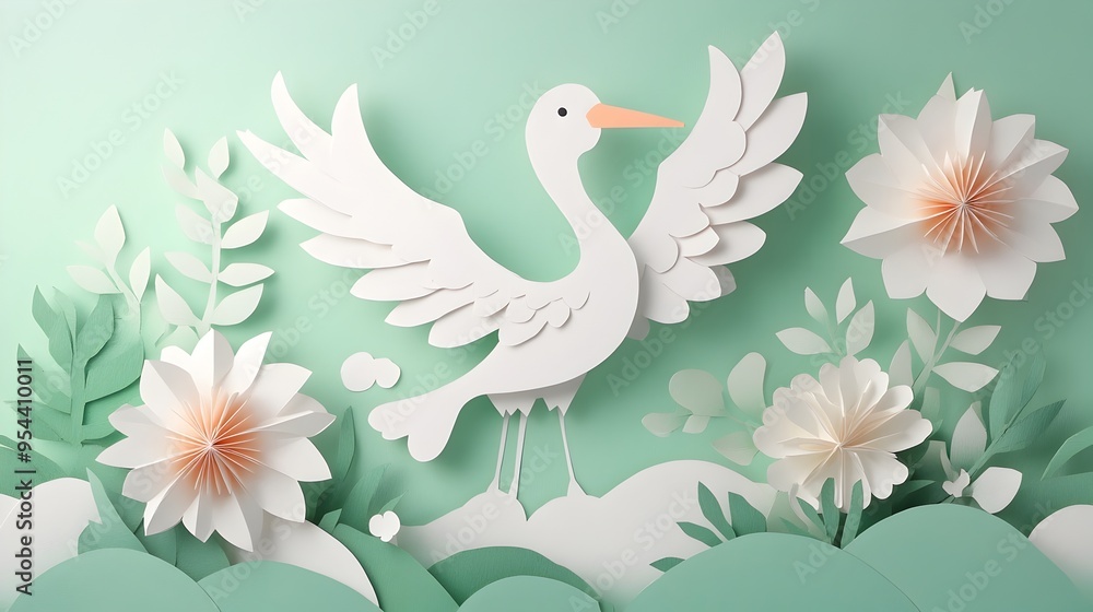 Fototapeta premium Adorable Paper Cut Stork Delivering Baby at Baby Shower