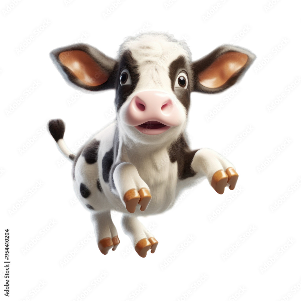 A cute, cartoon-style calf with big, curious eyes and a wide, open mouth jumps up as if in mid-air. The calf has black and white spots and pink ears and nose. A cute, cartoon-style calf with big, curious eyes and a wide, open mouth jumps up as if in mid-air. The calf has black and white spots and pink ears and nose.