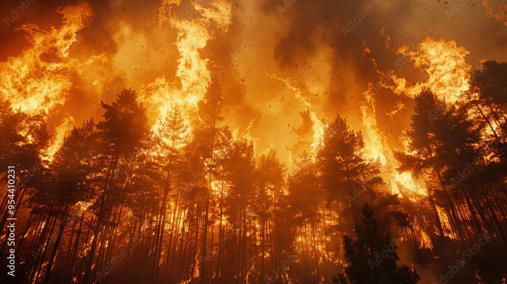 Naklejka premium Wildfire: An uncontrollable blaze that rapidly moves through forests or grasslands due to dry conditions and high winds, often resulting in large evacuations.