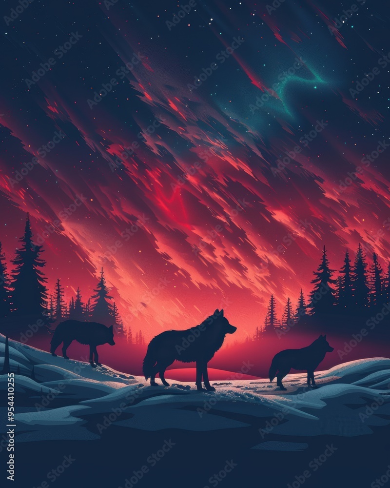 Majestic wolves silhouetted against a vibrant night sky filled with colorful clouds and stars, set in a serene snowy landscape. Majestic wolves silhouetted against a vibrant night sky filled with colorful clouds and stars, set in a serene snowy landscape.