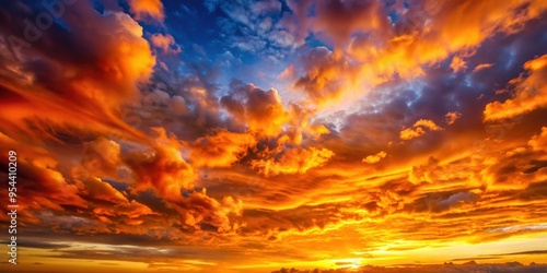 Vibrant sunset sky with captivating orange hues over dramatic cloudscape, sunset, sky, vibrant, orange, hues, dramatic