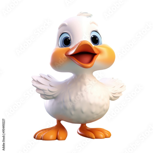 A cute, cartoon-style duckling with white feathers, orange feet, and a bright yellow beak is standing with its wings outstretched, looking at the viewer with a cheerful expression.