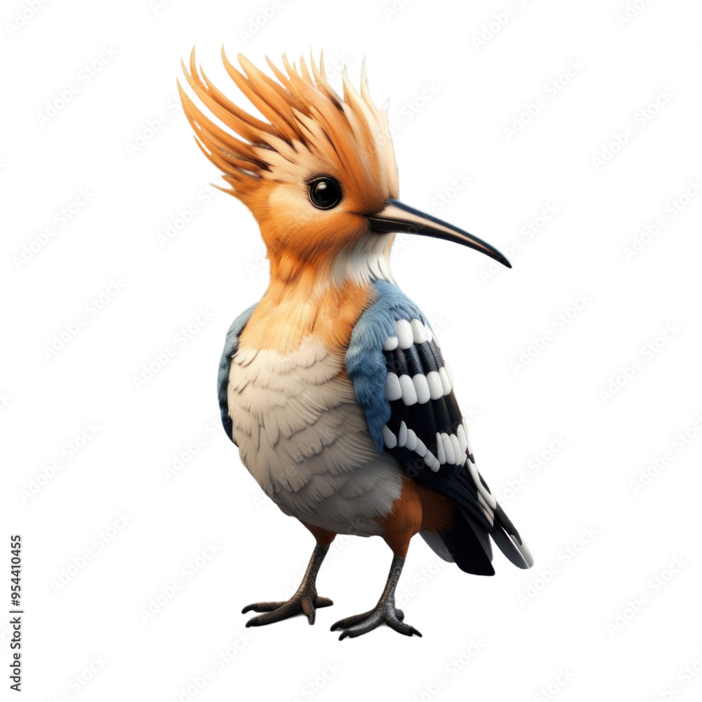 Obraz premium A cute, cartoon-style illustration of a Eurasian hoopoe bird with a distinctive crest of feathers, standing on a black background.