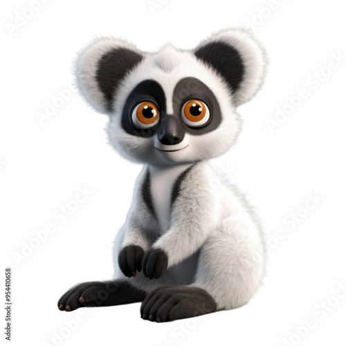 A cute, cartoon-style lemur with large, brown eyes and a friendly smile sits in a playful pose.