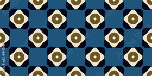 Cute small flower pattern square shapes motif continuous classic blue checkered background. Modern decoration ditsy floral fabric design textile swatch ladies dress, men's shirt all over print block.