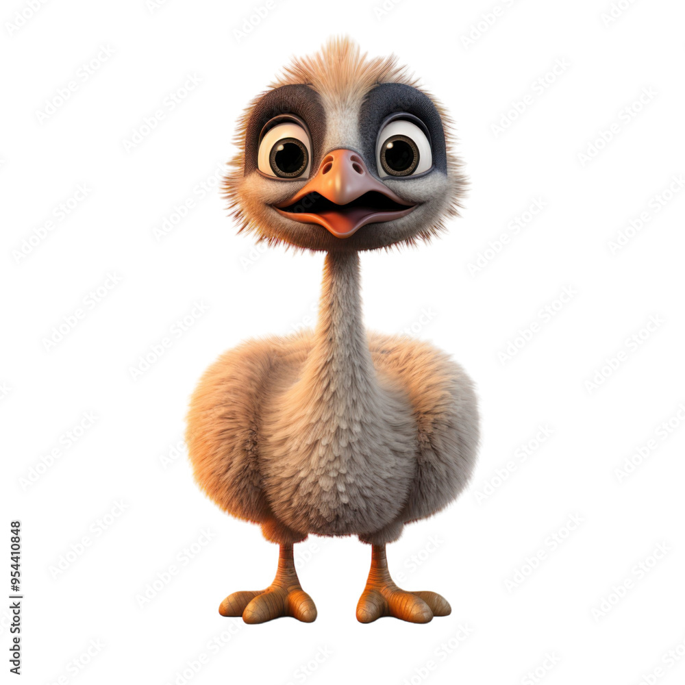 A cute, cartoon-style ostrich chick with large, expressive eyes and a friendly smile, standing on a black background. A cute, cartoon-style ostrich chick with large, expressive eyes and a friendly smile, standing on a black background.