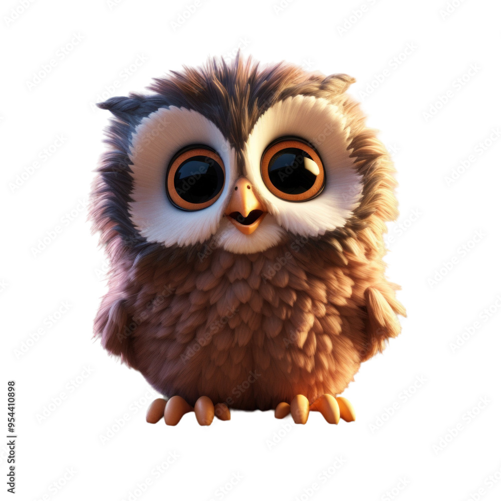 Fototapeta premium A cute, cartoon-style owl with big, round eyes and fluffy feathers, looking directly at the viewer.