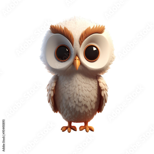 A cute, cartoon-style owl with big eyes, fluffy white feathers, and a slight frown.