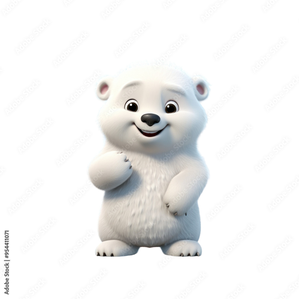 A cute, cartoon-style polar bear cub with a white fluffy coat, standing on its hind legs, with a big smile, and looking directly at the camera. A cute, cartoon-style polar bear cub with a white fluffy coat, standing on its hind legs, with a big smile, and looking directly at the camera.