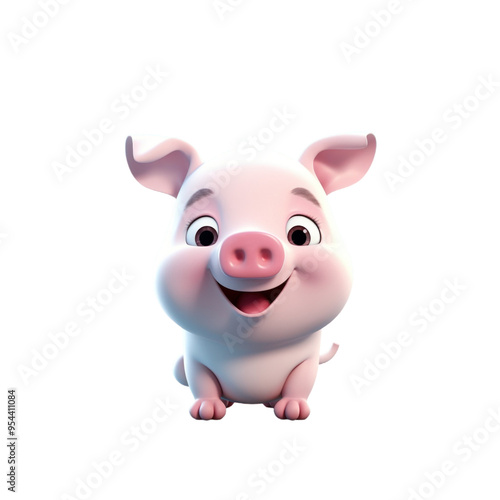 A cute, cartoon-style piglet with big brown eyes, a pink snout, and a happy smile.