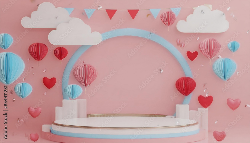 3D rendering of minimal scene of blank podium with Valentine's Day theme. Display stand for product presentation mock up. Cylinder stage in sweet lovely pink color with simple design 3D rendering of minimal scene of blank podium with Valentine's Day theme. Display stand for product presentation mock up. Cylinder stage in sweet lovely pink color with simple design
