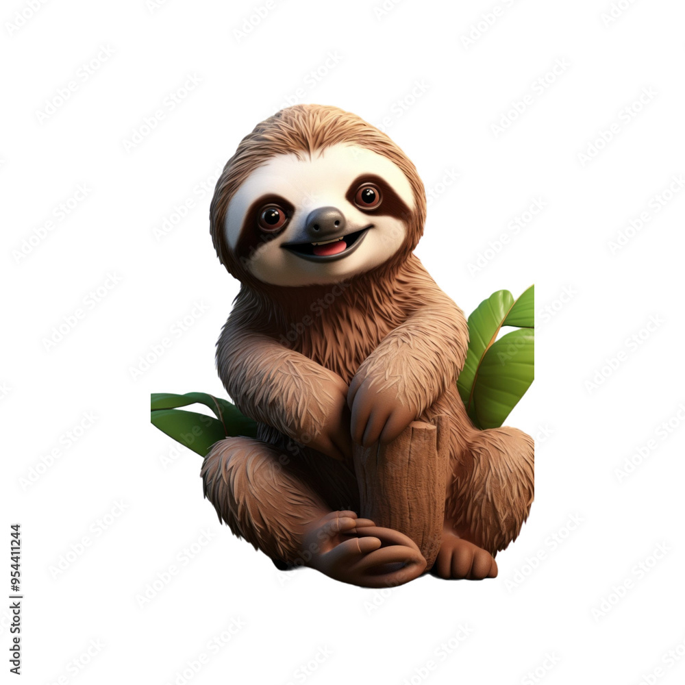 Obraz premium A cute, cartoon-style sloth sitting on a branch with a happy expression, surrounded by green leaves.