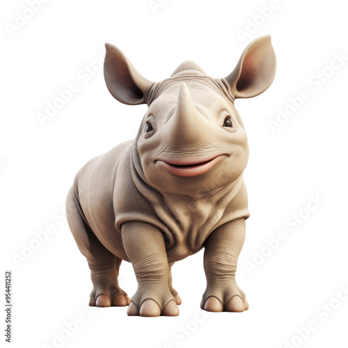 A cute, cartoon-style rhinoceros with a big smile stands against a black background.