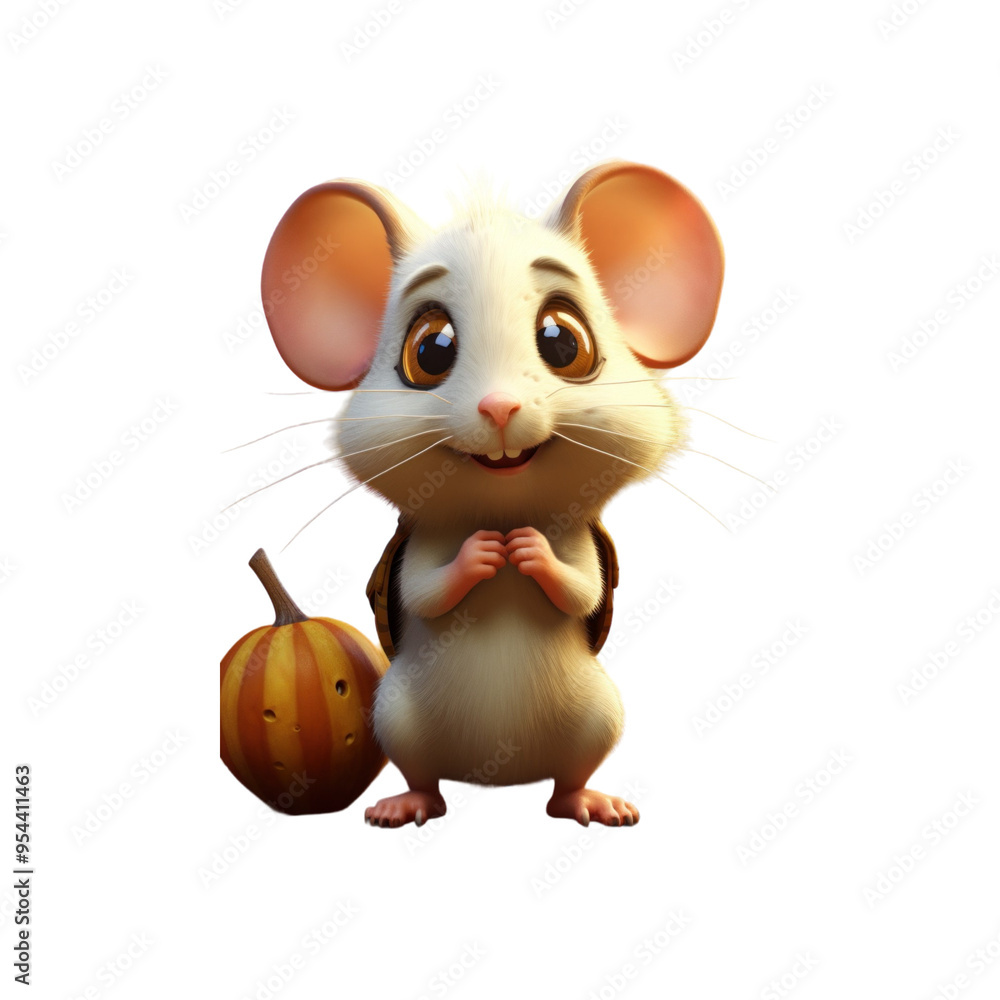 A cute, cartoon-style white mouse with big eyes and a small pumpkin stands on a black background. A cute, cartoon-style white mouse with big eyes and a small pumpkin stands on a black background.