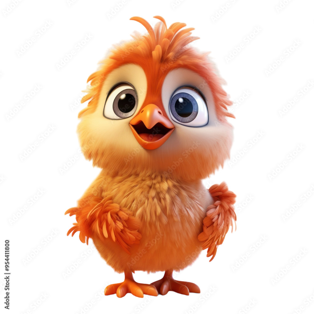 A cute, fluffy baby chick with big, bright eyes stands on a white background. A cute, fluffy baby chick with big, bright eyes stands on a white background.