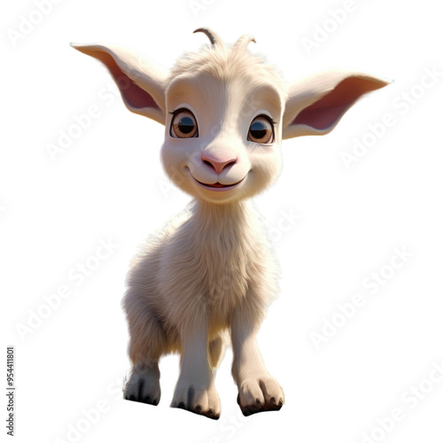 A cute, fluffy baby goat with big brown eyes and a friendly smile, sitting on a grassy field.