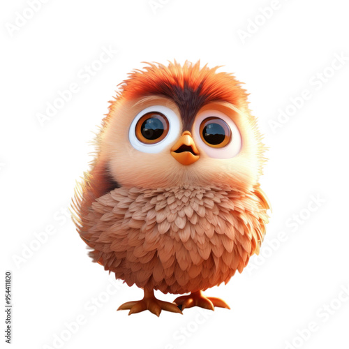 A cute, fluffy baby owl with big, round eyes and a surprised expression.