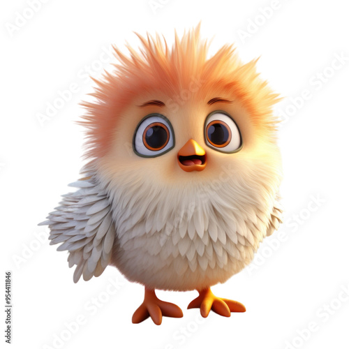 A cute, fluffy chick with big eyes and a surprised expression.