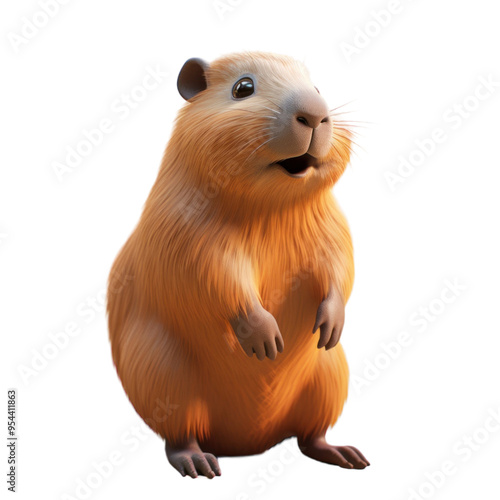 A cute, fluffy guinea pig stands on its hind legs, looking up with a surprised expression.