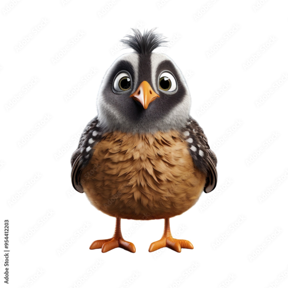 Obraz premium A cute, fluffy, cartoon-style baby bird with large eyes, black and white markings and orange beak on a black background.